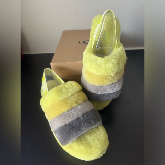 NIB UGG Women’s Fluff Yeah Slide Slipper Slingback Yellow and Gray Size 10 - Picture 3 of 15